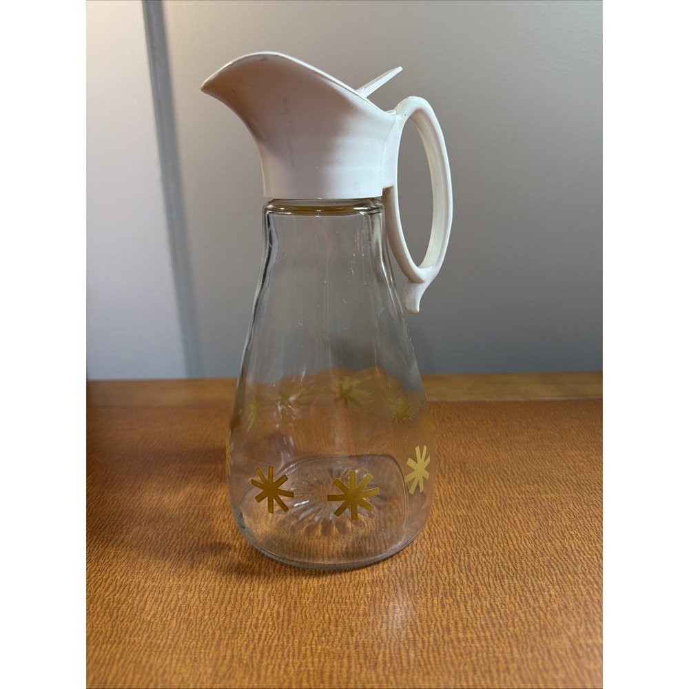 Vintage Log Cabin Glass Syrup Dispenser Pitcher w/ Lid Gold Stars, White Top
